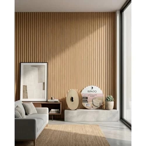 Rolo Autocolante de Ripado EVA 10m x 10cm x 10mm Painel 3D Amadeirado Revestimento Decorativo para Paredes (Madeira Bege Claro)