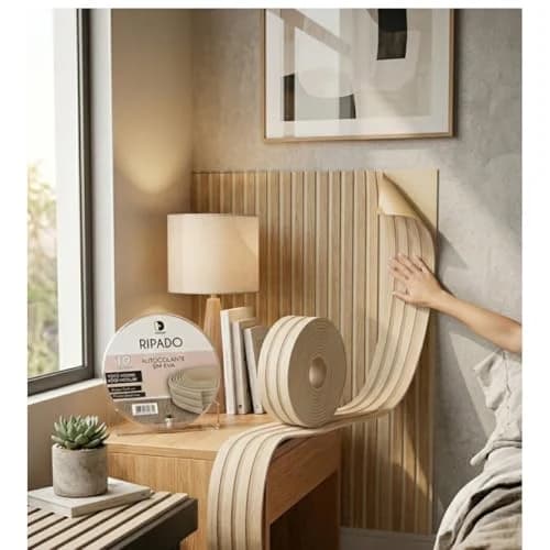 Rolo Autocolante de Ripado EVA 10m x 10cm x 10mm Painel 3D Amadeirado Revestimento Decorativo para Paredes (Madeira Bege Claro)